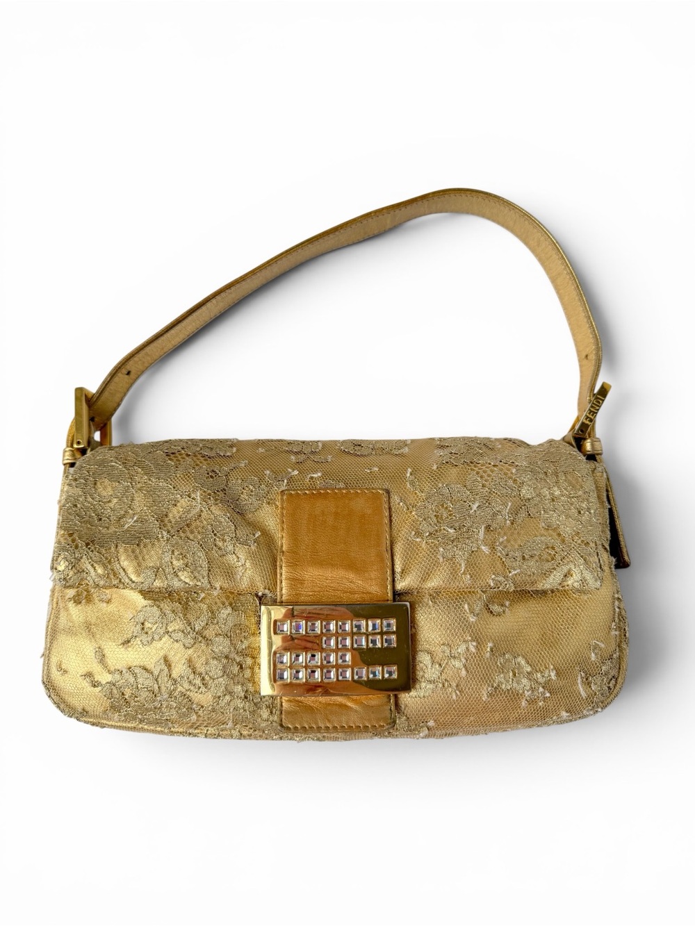Vintage Fendi Gold Lace Baguette Bag w/ Crystal FF Buckle